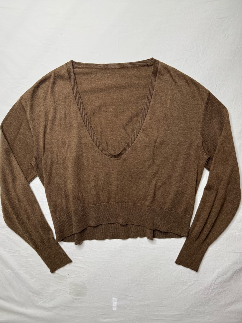 City Tokyo - Brown Deep V-neck Knit Cropped Sweater Long Sleeve Shirt